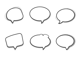 Six speech bubbles are arranged in two rows each with a black outline and a shadow effect on a white background