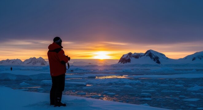 Caucasian male explorer in red jacket enjoying antarctic sunset over icy landscape