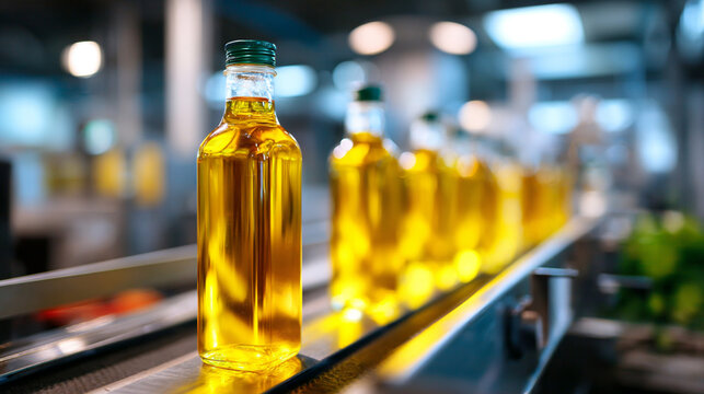 Bottles of olive oil on a conveyor belt in a production facility during daytime processing