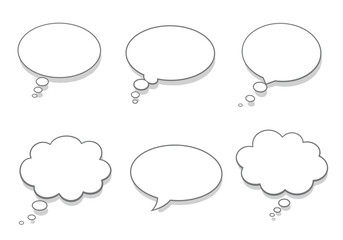 Six speech bubbles with outlines and shadows three round two cloudshaped and one oval with a point