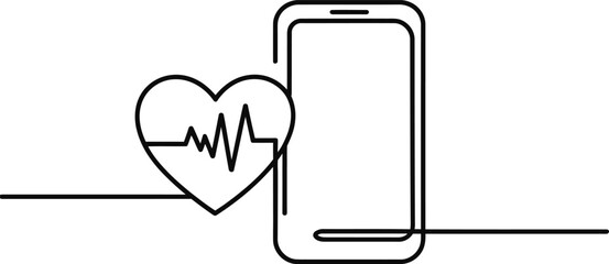 Continuous line drawing of a smartphone and a heart with a cardiogram