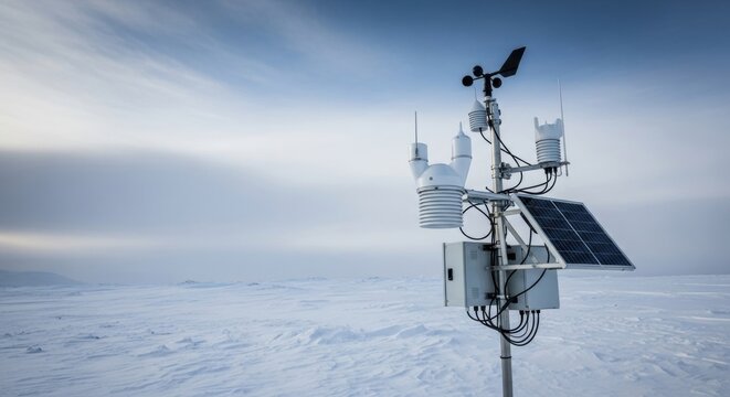 Remote weather station in snowy arctic landscape with solar panel technology