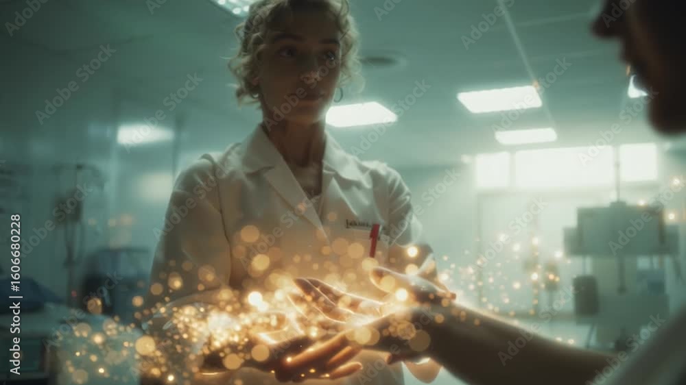 Poster exploring the art of magic in a laboratory setting with glowing particles and creative experimentati