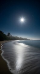 Moonlight reflecting on a tranquil beach at night.