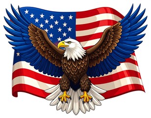 American eagle soaring over flag