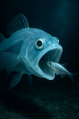 a translucent blue ocean fish eating a small prey fish, ai generated