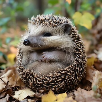 A hedgehog curled up in autumn leaves. Cute hedgehog curled in autumn leaves, hedgehog autumn nature, hedgehog cozy forest