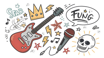 A vector illustration of a skull and crossbones icon set with a rock music design