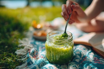 green matcha jargarita in jam jar with spoon adding vibrant powder on colorful blanket during summer picnic with legs crossed and books nearby concept of mindful wellness drink