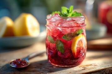 raspberry lime jargarita in jam jar with ice cubes and mint served on rustic wooden table with spoonful of jam and citrus halves in warm daylight concept of summer cocktail picnic slow drink lifestyle