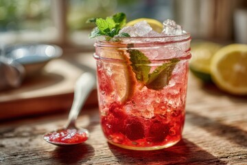 raspberry lime jargarita in jam jar with ice cubes and mint served on rustic wooden table with spoonful of jam and citrus halves in warm daylight concept of summer cocktail picnic slow drink lifestyle