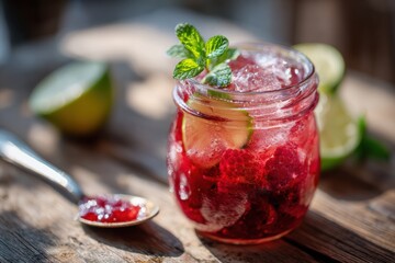 raspberry lime jargarita in jam jar with ice cubes and mint served on rustic wooden table with spoonful of jam and citrus halves in warm daylight concept of summer cocktail picnic slow drink lifestyle