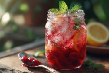 raspberry lime jargarita in jam jar with ice cubes and mint served on rustic wooden table with spoonful of jam and citrus halves in warm daylight concept of summer cocktail picnic slow drink lifestyle