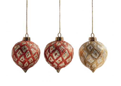 Three patterned Christmas ornaments, hanging, in red/orange, gold/beige - Powered by Adobe