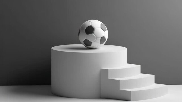 3D soccer ball artwork on pedestal with cubist stairs.
