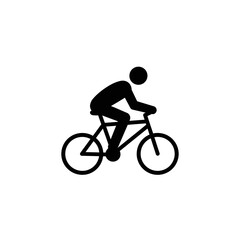 A simple black pictogram shows a person riding a bicycle, representing cycling, transportation, and a healthy active lifestyle choice, ideal for infographics or websites.