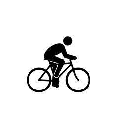 A simple black silhouette depicts a person riding a bicycle, symbolizing activity, exercise, and outdoor recreation against a clean white background.