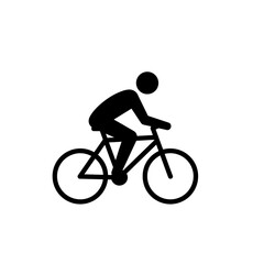 Obraz premium A simple black and white silhouette depicts a person riding a bicycle, symbolizing activity, transportation, and outdoor recreation against a plain white background.