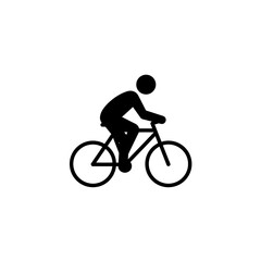 A simple black silhouette icon depicting a person actively riding a bicycle, symbolizing cycling, healthy lifestyle, or eco-friendly transportation.