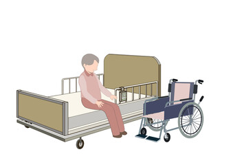 車椅子を介護ベットの横に置き介護ベットを試している老人のカラーイラスト