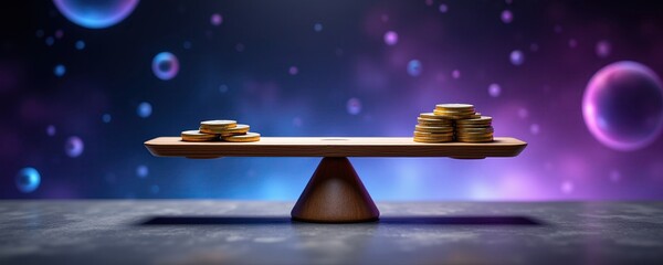 Balancing Coins on a Wooden Seesaw with Colorful Background