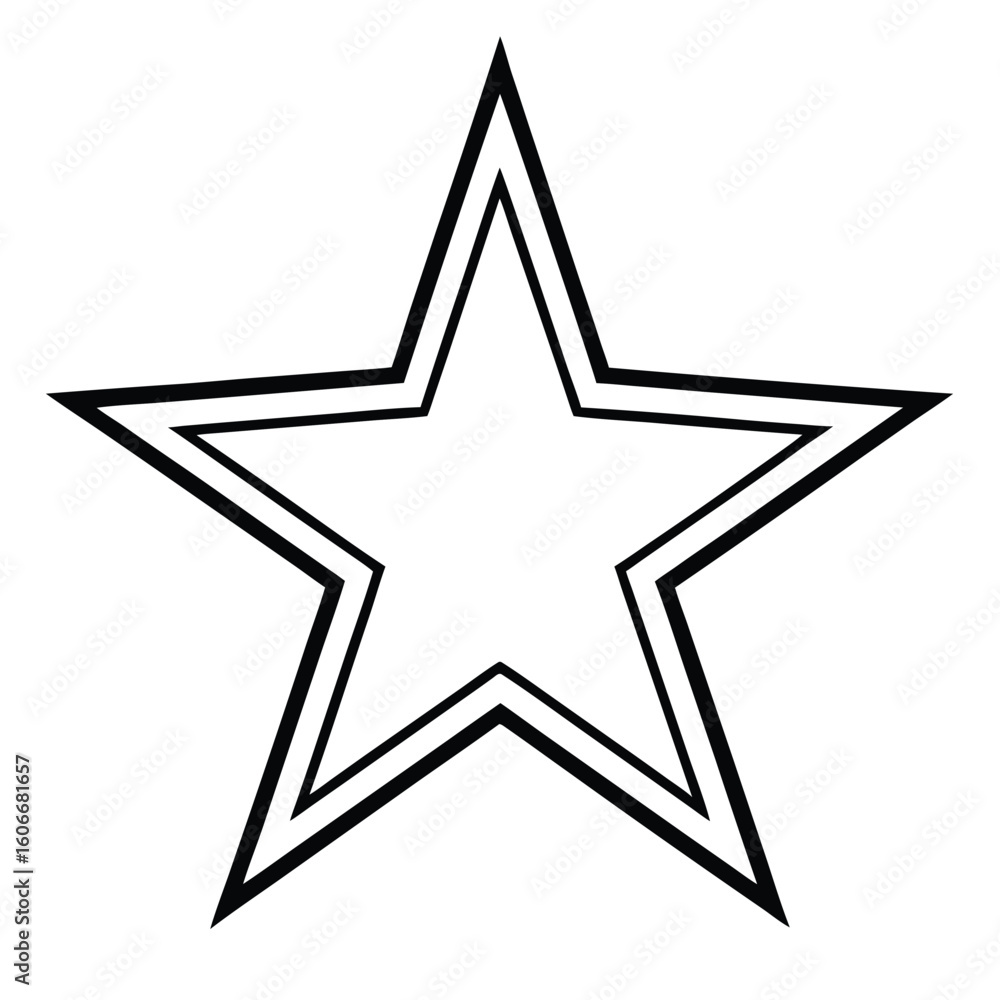 Poster a bold black outlined five pointed star with a double border presented as a simple graphic on a whit