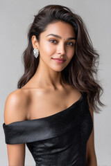 Naklejka premium young beautiful woman in black gown and wearing earring