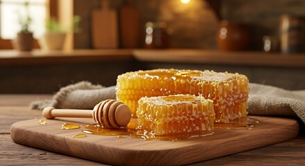 Round Honeycomb with Honey Dipper on Wooden Cutting Board in Cozy Rustic Kitchen