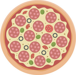 Flat Design Whole Pizza Vector with Pepperoni and Vegetables
