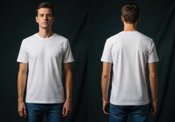 A young man models a plain white tshirt from both front and back views against a dark backdrop