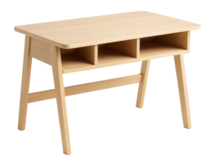 Compact wooden children's desk with a small bookshelf underneath, suitable for a kid's study corner in an apartment.
