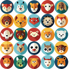 Fototapeta premium Flat Design Animal Faces Circle Icons Collection wolf