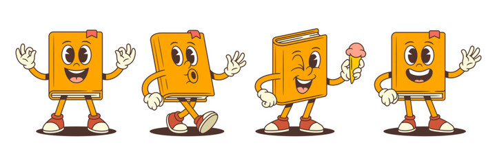 Playful orange book mascot character showing joyful emotions while whistling, waving, holding ice cream and making OK gesture. Cheerful educational design in flat cartoon style. Vector illustration