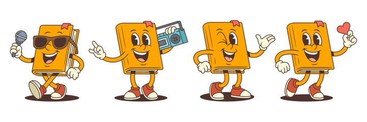Orange cartoon book mascot performing funny actions like singing, winking, dancing, showing love and making gestures. Perfect for education, branding and media projects. Vector illustration