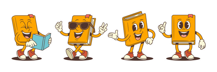 Cheerful orange cartoon book mascot expressing positive emotions while reading, pointing, walking in sunglasses and inviting with gesture. Bright character for learning themes. Vector illustration