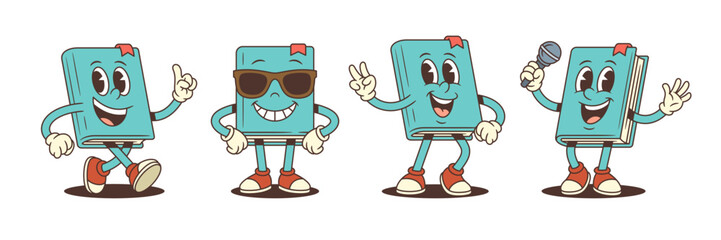 Blue cartoon book mascot shows positive gestures with confident expression, sunglasses, microphone, victory sign and speaking pose. Character for education and entertainment themes Vector illustration