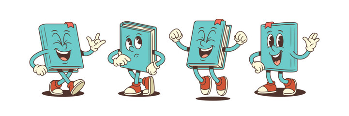 A blue book mascot character performing funny actions including laughing with ILY hand gesture, thoughtful pose, jumping with eyes closed happily, and waving in a friendly manner. Vector illustration