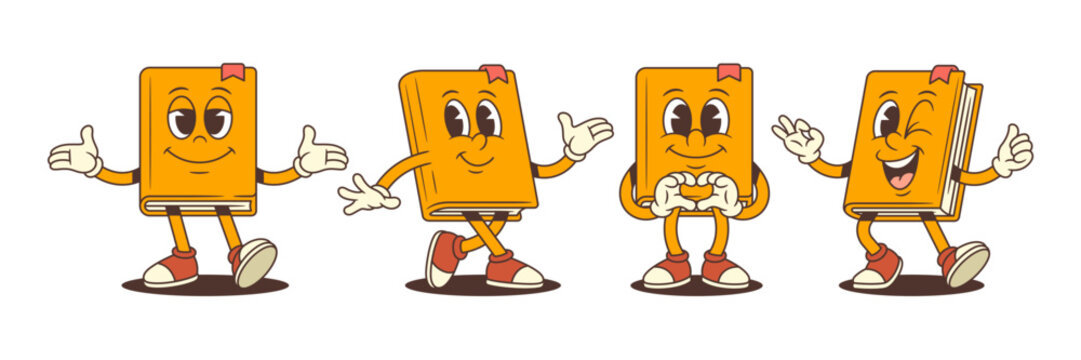 Friendly orange book character set in cartoon style with joyful walking, heart hand sign, waving and winking gestures expressing happiness and enthusiasm. Colorful and playful vector illustration