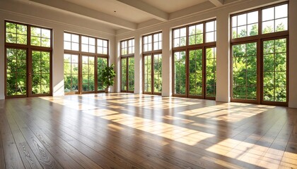 Obraz premium Sunny spacious room with large windows overlooking a garden