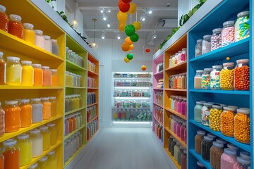 Vibrant candy store interior with multicolored shelving units filled with glass jars of sweets, decorated with hanging balloons creating a festive atmosphere