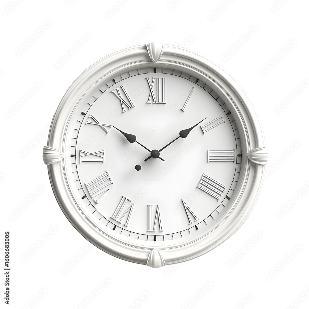 Poster a minimalist analog wall clock with large roman numerals and a simple metal frame centered on an iso