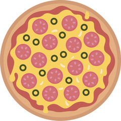 Flat Design Whole Pizza Vector with Pepperoni and Vegetables