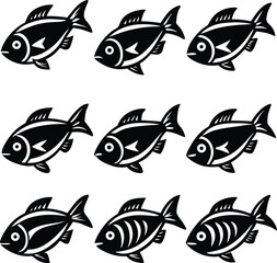 Fototapeta premium Nine black fish icons arranged in three rows black and white