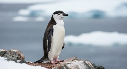 Obraz premium Chinstrap penguin on snowy rock in antarctica