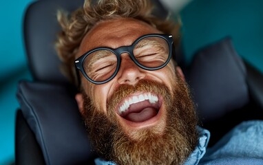 Close up portrait of bearded man wearing glasses laughing heartily against turquoise background, showing genuine joy and happiness