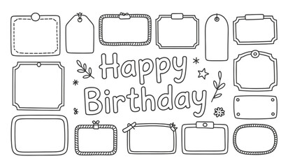 Set of Hand Drawn Frames and Happy Birthday Text for Decorations	