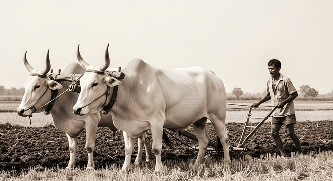 A farmer plowing a field with two oxen in a sepia toned image showing traditional agricultural methods