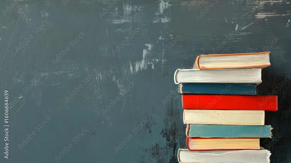 Poster many colorful books are stacked on a dark gray background with copy space, forming a staircase to kn