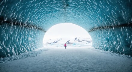 Person in red jacket exploring vast ice cave with majestic blue ice formations and snowy landscape