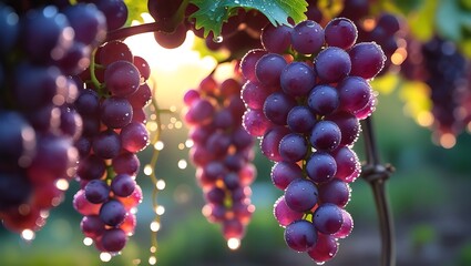 Ripe Purple Grapes Hanging on Vine